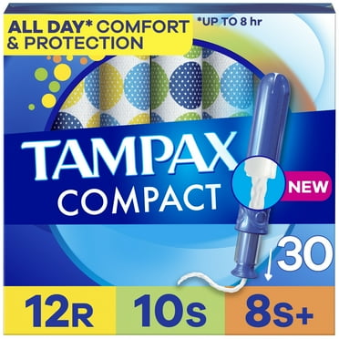Tampax Compact Pearl Tampons Multipack, with LeakGuard Braid & Extendable Applicator, Regular/Super/Plus Absorbency, Compact Extendable Applicator, Unscented, 30 Count