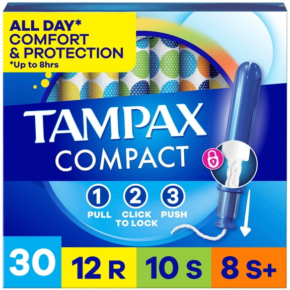 Tampax Compact Pearl Tampons Multipack, with LeakGuard Braid & Extendable Applicator, Regular/Super/Super Plus, 30 Count