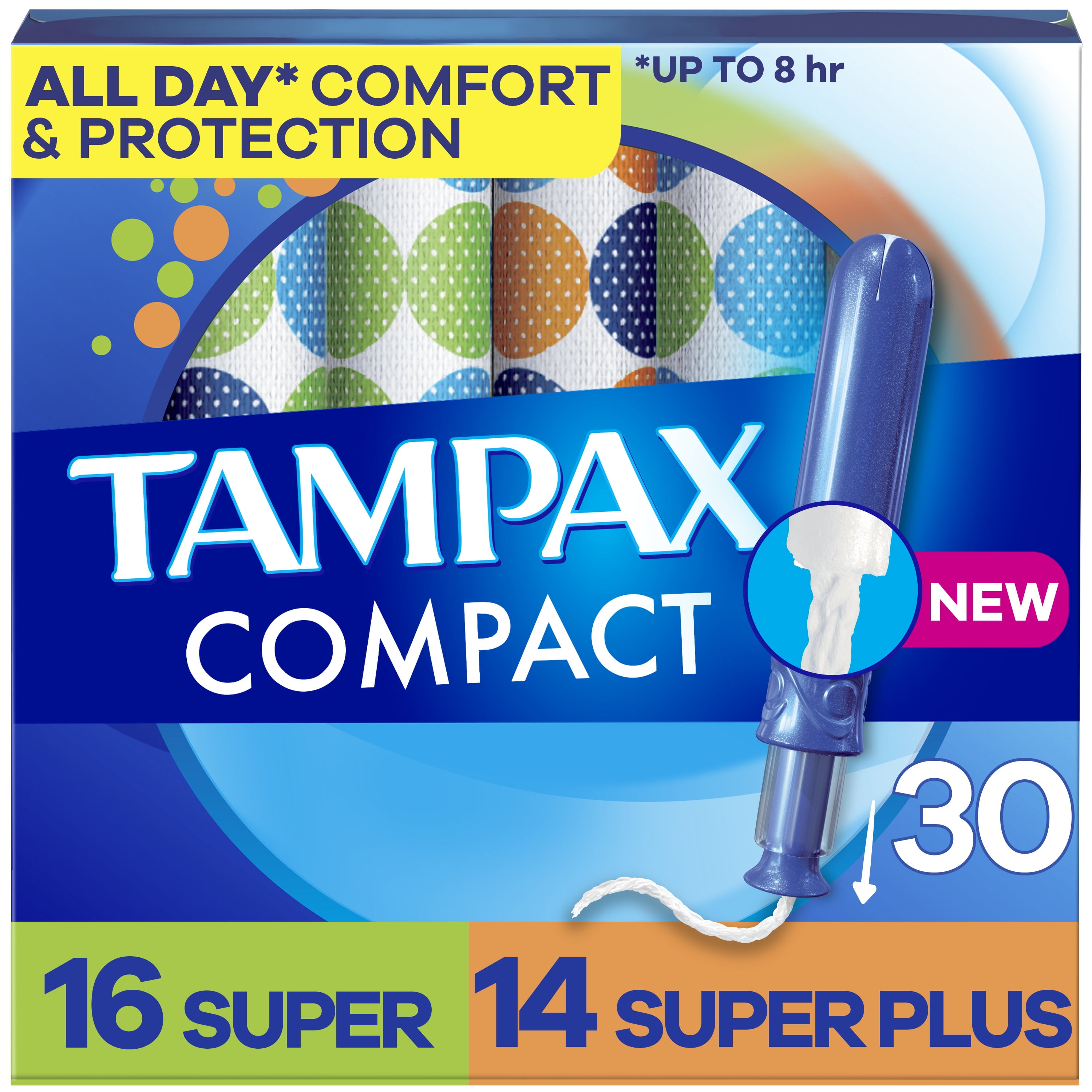 Tampax Compact Pearl Tampons Multipack, with LeakGuard Braid & Extendable Applicator, Super/Plus Absorbency, Compact Extendable Applicator, Unscented, 30 Count