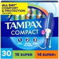 thumbnail image 1 of Tampax Compact Pearl Tampons Multipack, with LeakGuard Braid & Extendable Applicator, Super/Super Plus, 30 Count, 1 of 15