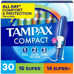 Tampax Compact Pearl Tampons Multipack, with LeakGuard Braid & Extendable Applicator, Super/Super Plus, 30 Count