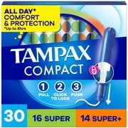 Tampax Compact Pearl Tampons Multipack, with LeakGuard Braid & Extendable Applicator, Super/Super Plus, 30 Count