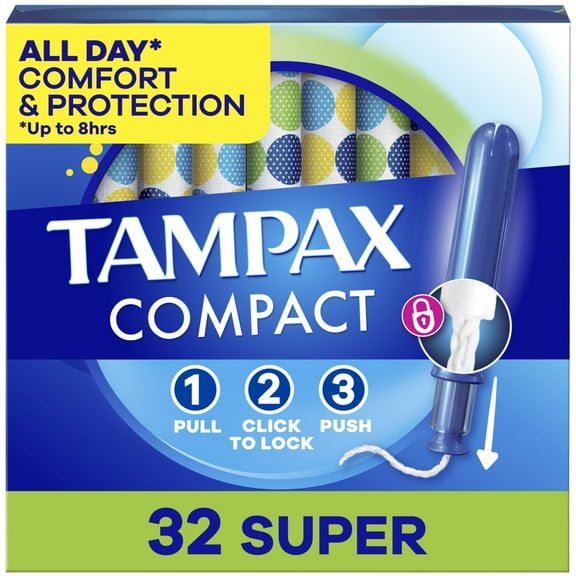 Tampax Compact Pearl Tampons, with LeakGuard Braid & Extendable Applicator, Super, 32 count