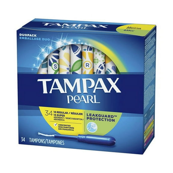 Tampax Pearl Duopack Plastic Tampons Regular and Super, Unscented, 34 Ea, 6 Pack