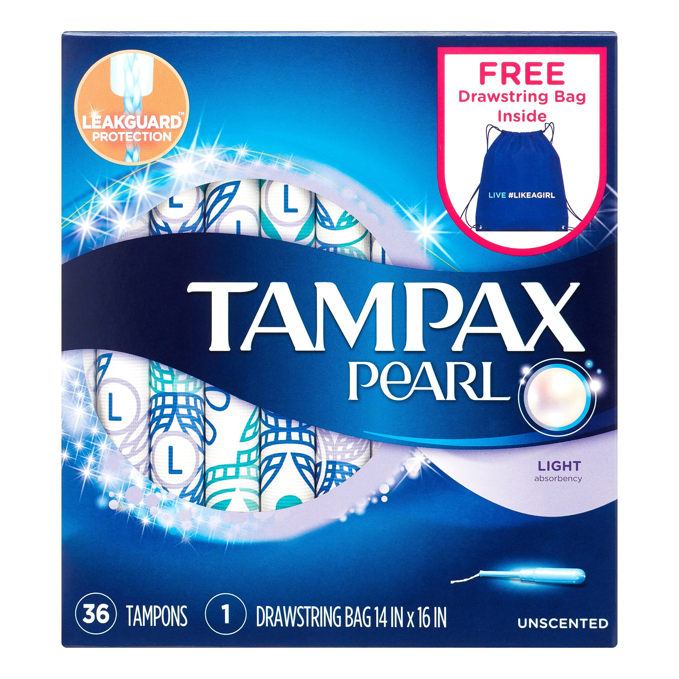 Tampax Pearl Lite Tampons with Drawstring Bag, 36 Count