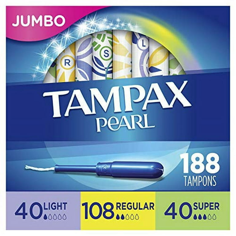 Tampax Pearl Plastic Tampons, Light/Regular/Super Absorbency Multipack, 188  Count, Unscented (47 Count, Pack of 4 - 188 Count Total) - Packaging May