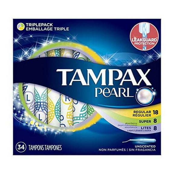 Tampax Pearl Plastic Tampons Triplepack (Light/Regular/Super), Unscented, 34 Ea