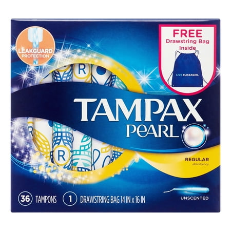 Tampax Pearl Regular Tampons with Drawstring Bag, 36 Count