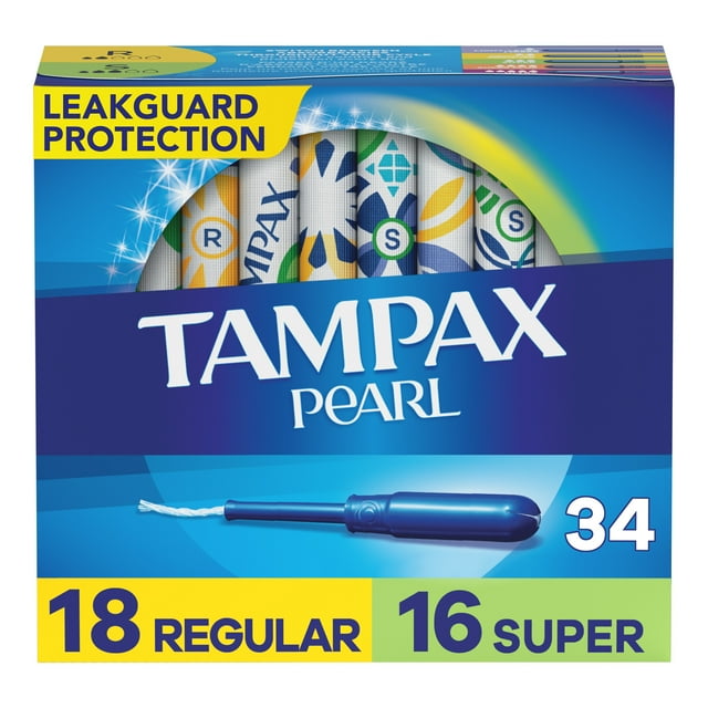 Tampax Pearl Tampons Duo Pack, Regular/Super Absorbency, Unscented, 34 Ct