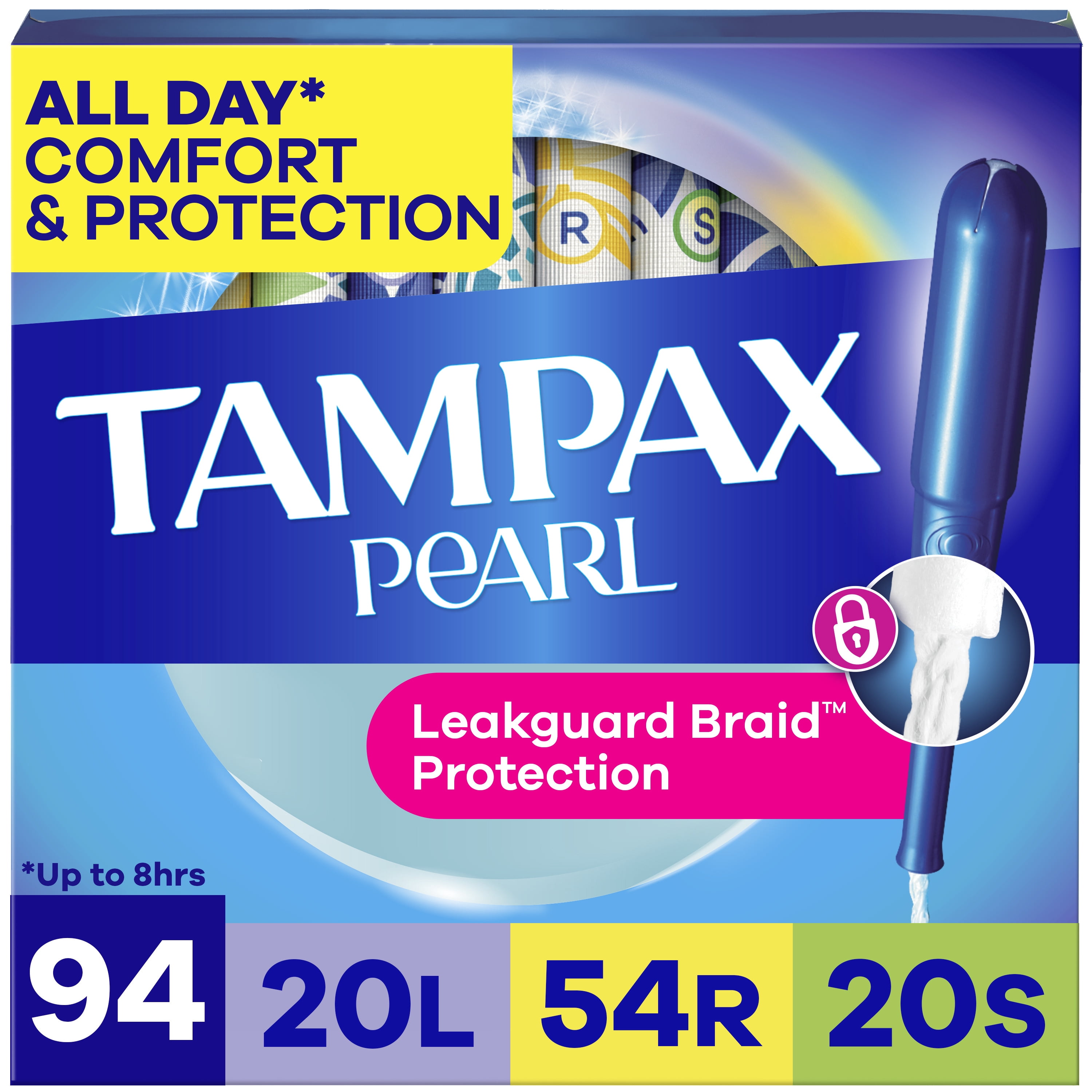 Tampax Pearl Tampons Trio Multipack with LeakGuard Braid, Light/Regular/Super, 94 Ct