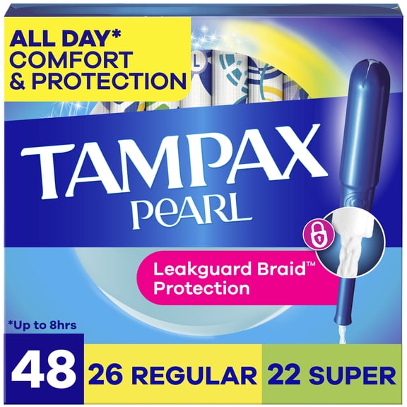 Tampax Pearl Tampons Multipack, with LeakGuard Braid, Regular/Super Absorbency, Unscented, 48 Count