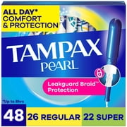 Tampax Pearl Tampons Multipack, with LeakGuard Braid, Regular/Super Absorbency, Unscented, 48 Count