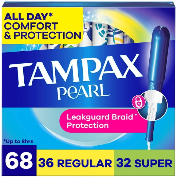 Tampax Pearl Tampons Multipack with LeakGuard Braid, Regular/Super Absorbency, Unscented, 68 Count
