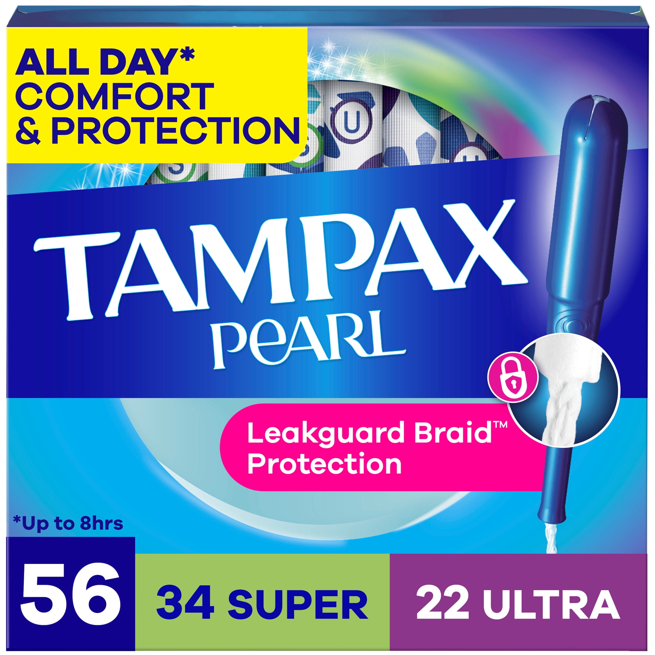 Tampax Pearl Tampons Multipack, with LeakGuard Braid, Super/Ultra Absorbency, Unscented, 56 Count