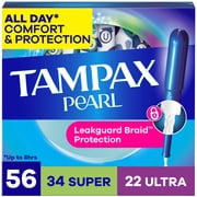 Tampax Pearl Tampons Multipack, with LeakGuard Braid, Super/Ultra Absorbency, Unscented, 56 Count