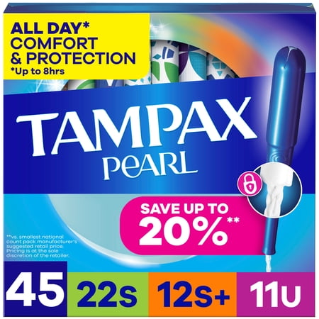 Tampax Pearl Tampons Multipack with LeakGuard Braid, Super/Super Plus/Ultra, 45 Ct