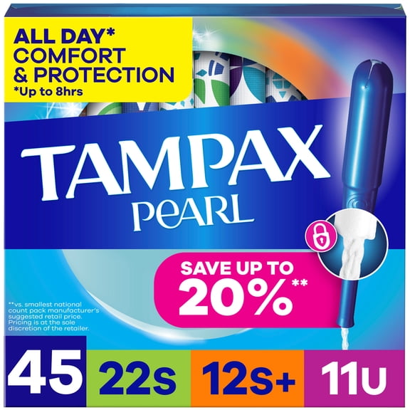 Tampax Pearl Tampons Multipack with LeakGuard Braid, Super/Super Plus/Ultra, 45 Ct