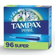 Tampax Pearl Tampons Super Absorbency with BPA-Free Plastic Applicator and LeakGuard Braid, Unscented, 96 Count