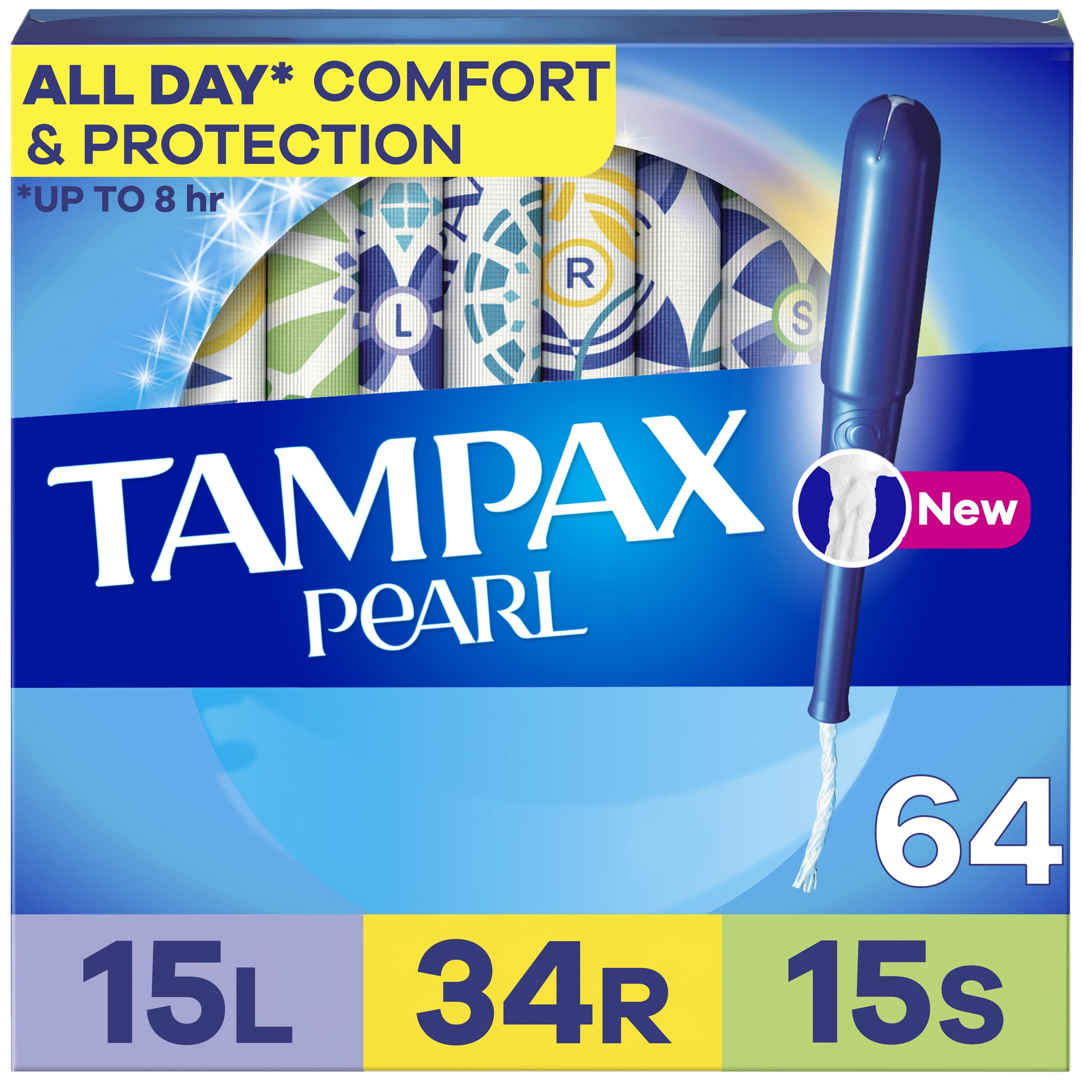 Tampax Pearl Tampons Trio Multipack with LeakGuard Braid, Light/Regular/Super Absorbency, 64 Ct