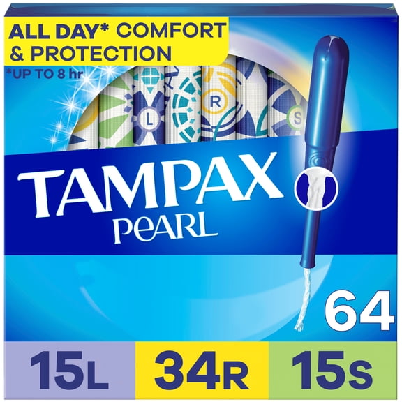 Tampax Pearl Tampons Trio Multipack with LeakGuard Braid, Light/Regular/Super Absorbency, 64 Ct