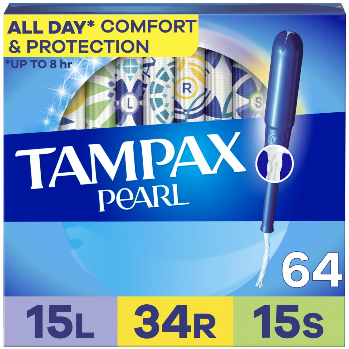 Tampax Pearl Tampons Trio Multipack with LeakGuard Braid, Light/Regular/Super Absorbency, 64 Ct