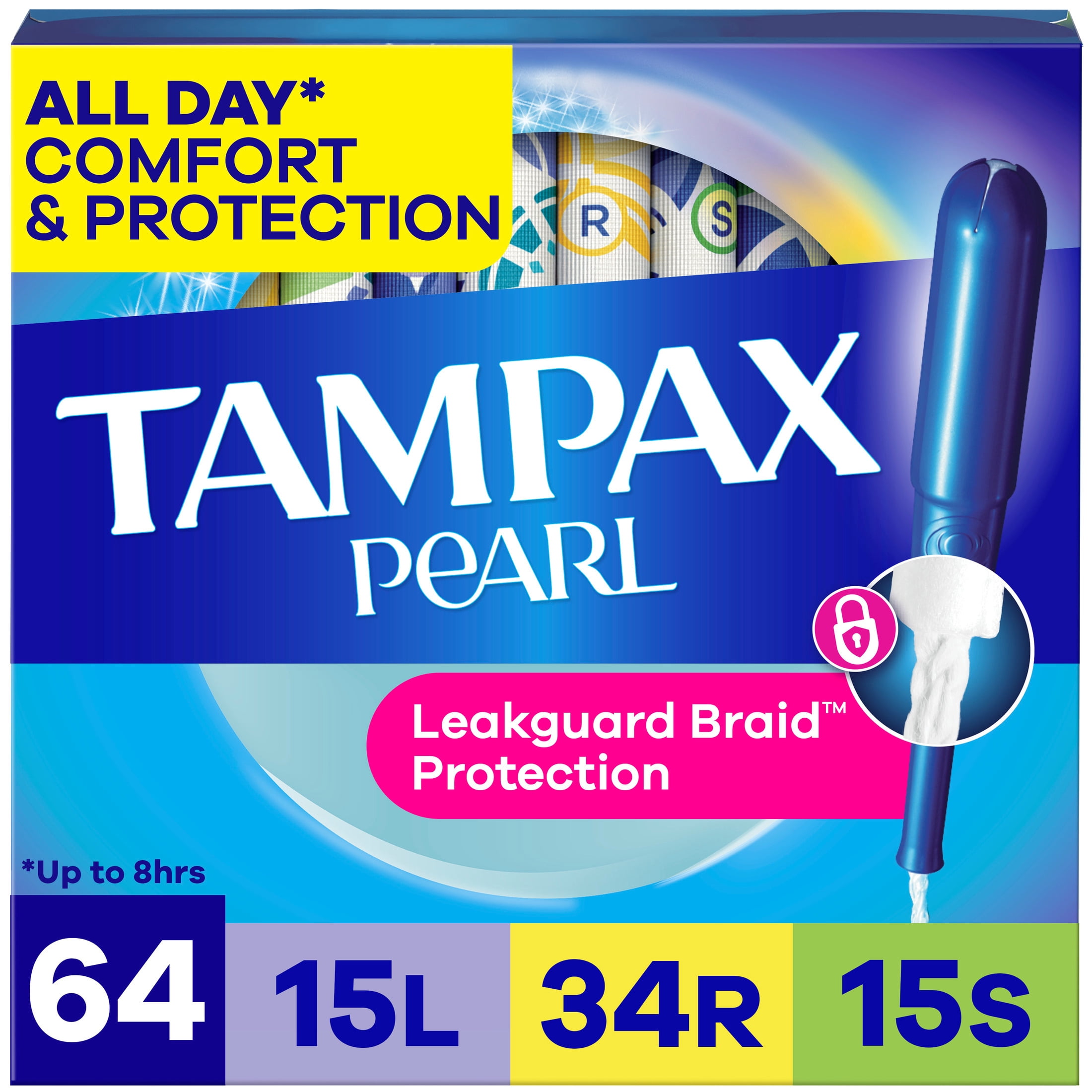 Tampax Pearl Tampons Trio Multipack with LeakGuard Braid, Light/Regular/Super Absorbency, 64 Ct