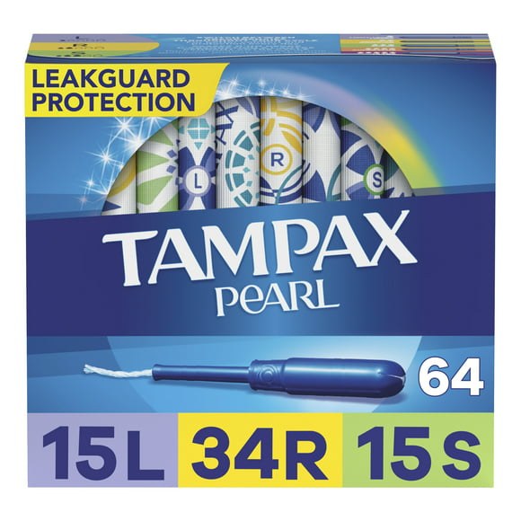 Tampax Pearl Tampons Trio Multipack with LeakGuard Braid, Light/Regular/Super Absorbency, 64 Ct