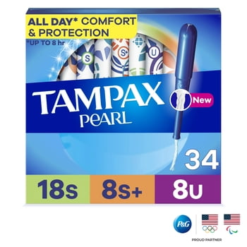 Tampax Pearl Tampons Multipack with LeakGuard Braid, Super/Super Plus/Ultra, 34 Count