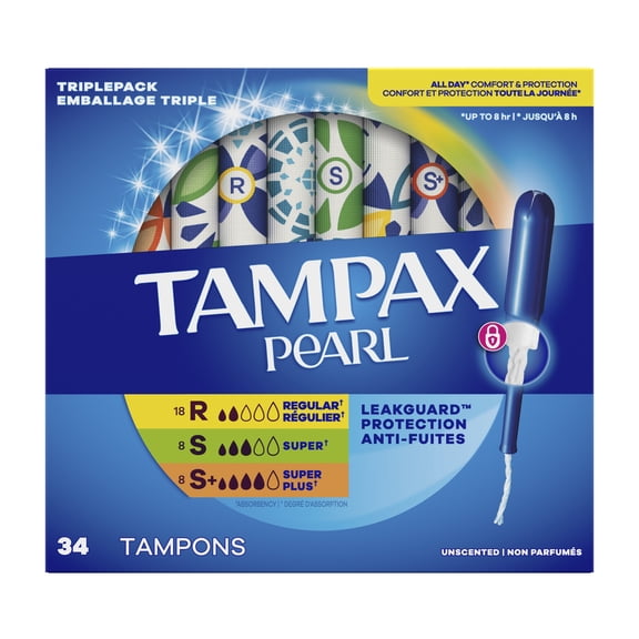 Tampax Pearl Tampons Multipack with LeakGuard Braid, Super/Super Plus/Ultra, 34 Count
