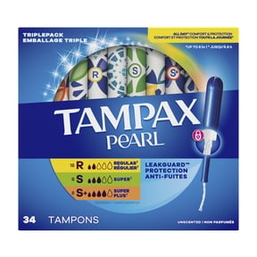 Tampax Pearl Tampons Multipack with LeakGuard Braid, Super/Super Plus/Ultra, 34 Count
