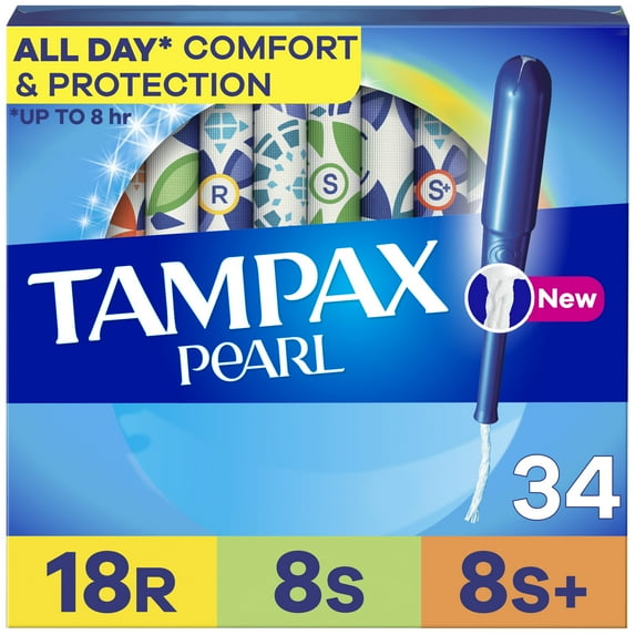 Tampax Pearl Tampons Trio Multipack with LeakGuard Braid, Regular/Super/Super Plus Absorbency, 34 Ct