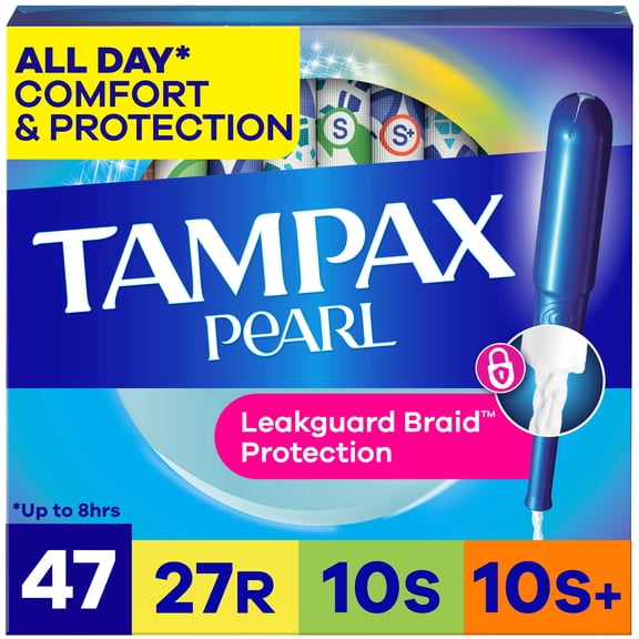 Tampax Pearl Tampons Multipack with LeakGuard Braid, Regular/Super/Super Plus, 47 Count