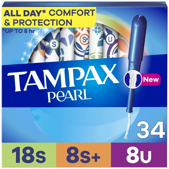 Tampax Pearl Tampons Trio Multipack, with LeakGuard Braid, Super/Super Plus/Ultra Absorbency, Unscented, 34 Count