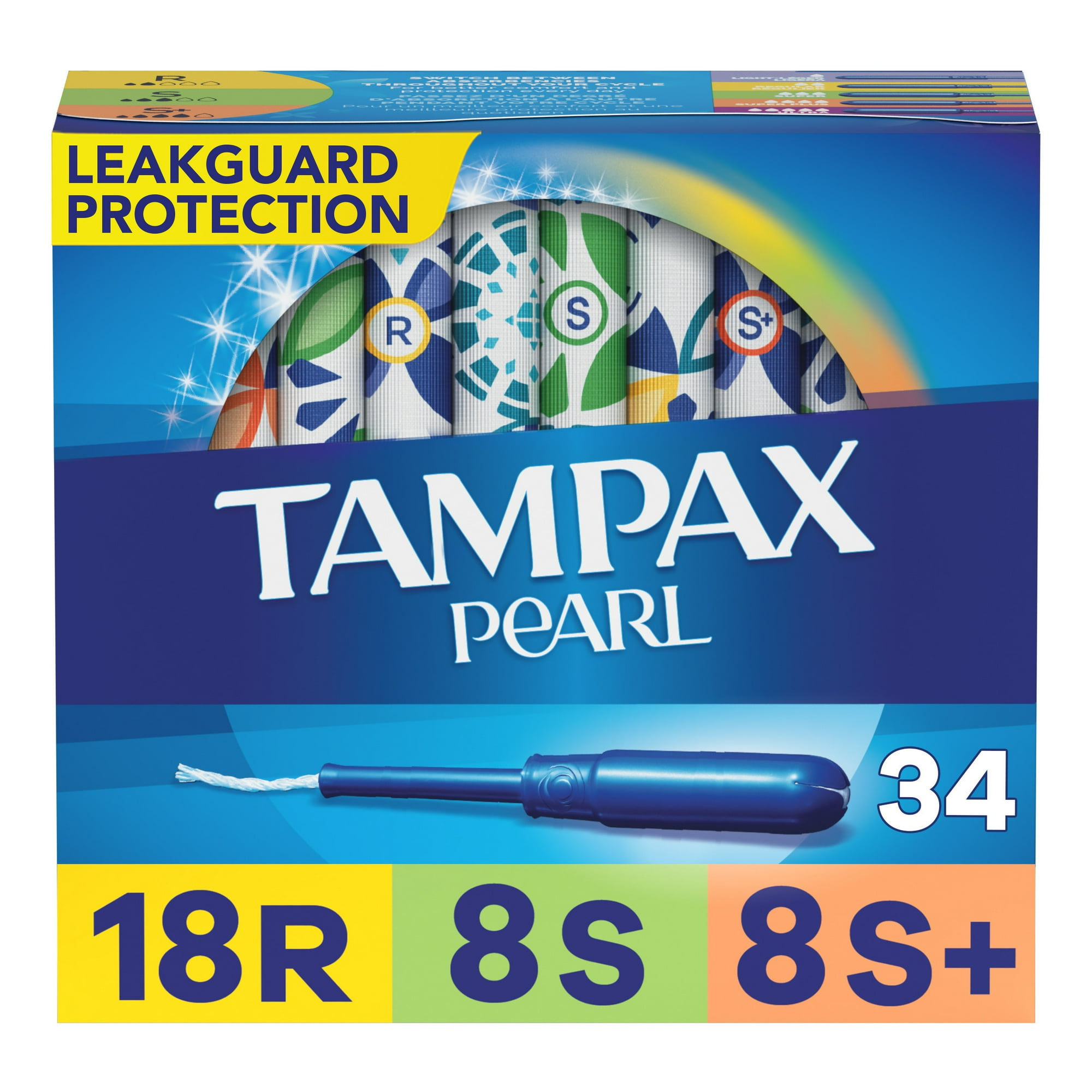 Tampax Pearl Tampons Trio Pack, with LeakGuard Braid, Regular/Super/Super Plus, Unscented, 34 Ct