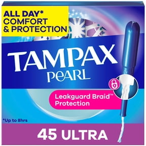 Tampax Pearl Tampons, with LeakGuard Braid, Ultra Absorbency, Unscented, 45 Count