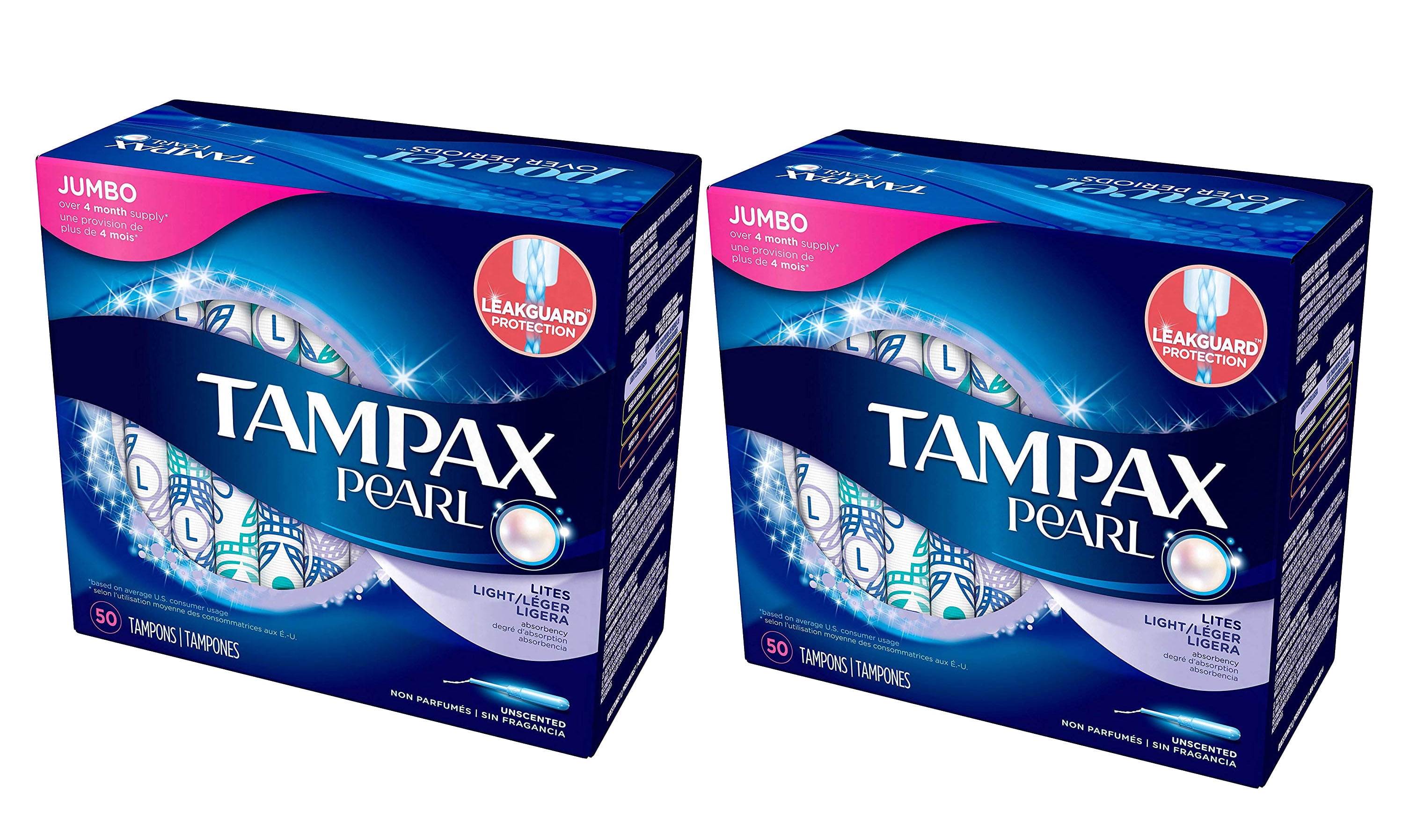 Tampax Pearl Tampons, Unscented, Lite Absorbency, 50 Count, 2 Pack, 100  Tampons Total