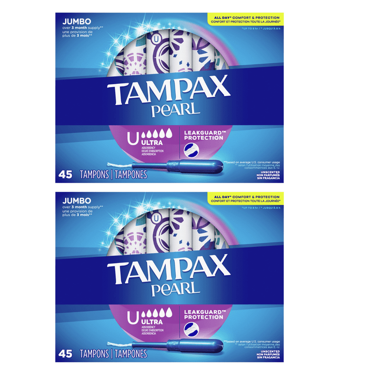 Tampax Pearl Tampons, with LeakGuard Braid, Ultra Absorbency, Unscented, 45  Count x 2 Pack (90 Total Count) 