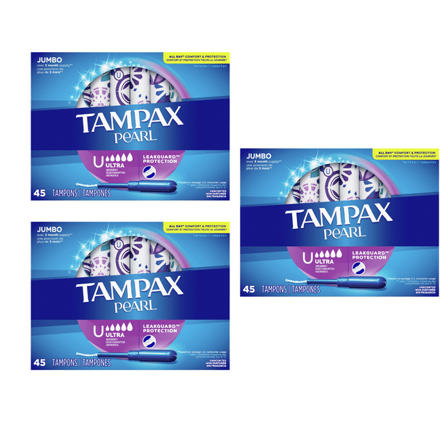 Tampax Pearl Tampons, with LeakGuard Braid, Ultra Absorbency, Unscented, 45 Count x 3 Pack (135
