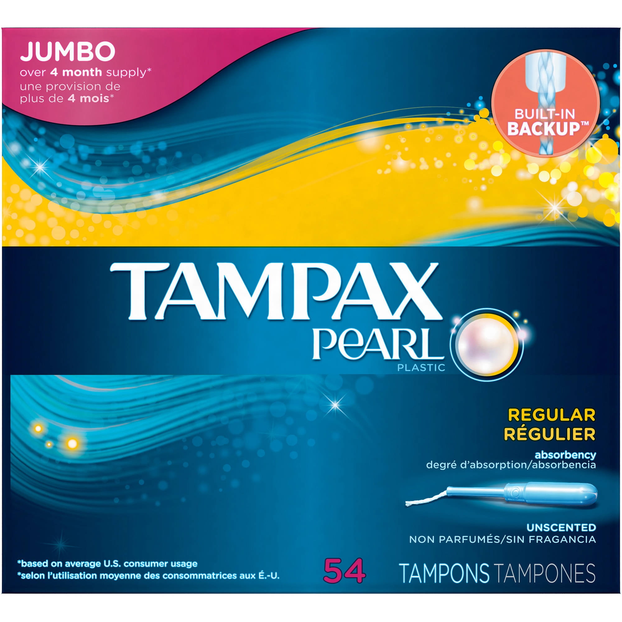 Tampax Pearl Tampons with Plastic Applicator, Regular, Unscented, 54 Ct