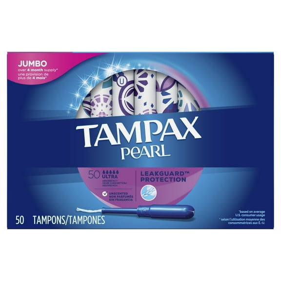 Tampax Pearl Ultra Absorbency Plastic Tampons, Unscented, 50 Ct