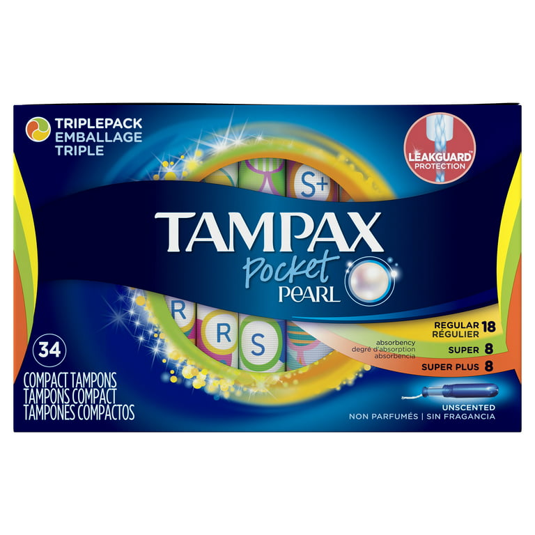 Tampax Pocket Pearl Triplepack (Regular/Super/Super Plus) Plastic Tampons,  Unscented, 34 Count