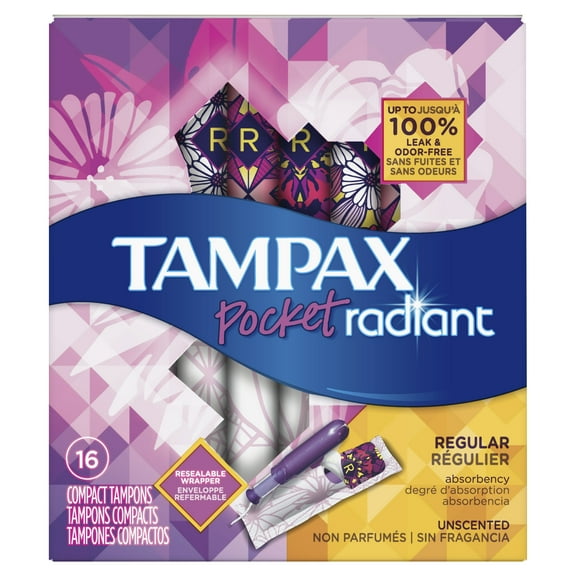 Tampax Pocket Radiant Compact Plastic Tampons, Unscented, Regular, 16 Count