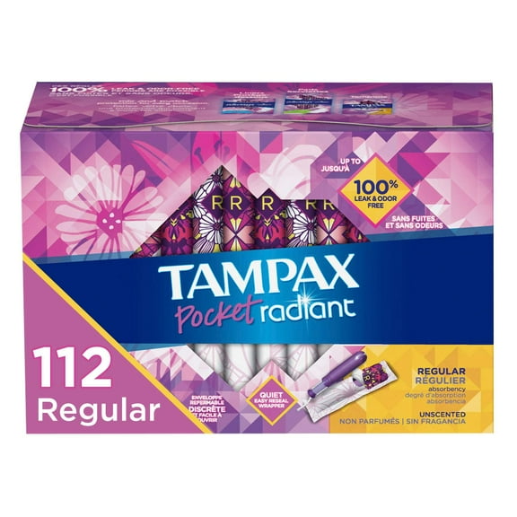 Tampax Pocket Radiant Plastic Tampons, Regular Absorbency, 112 Count, Unscented, Compact