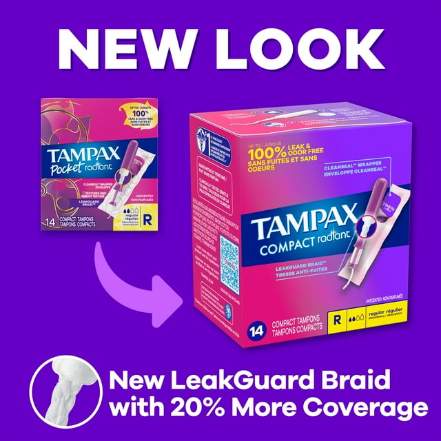 Tampax Pocket Radiant Tampons with LeakGuard Braid, Duo Pack Regular/Super Absorbency, 28 Ct