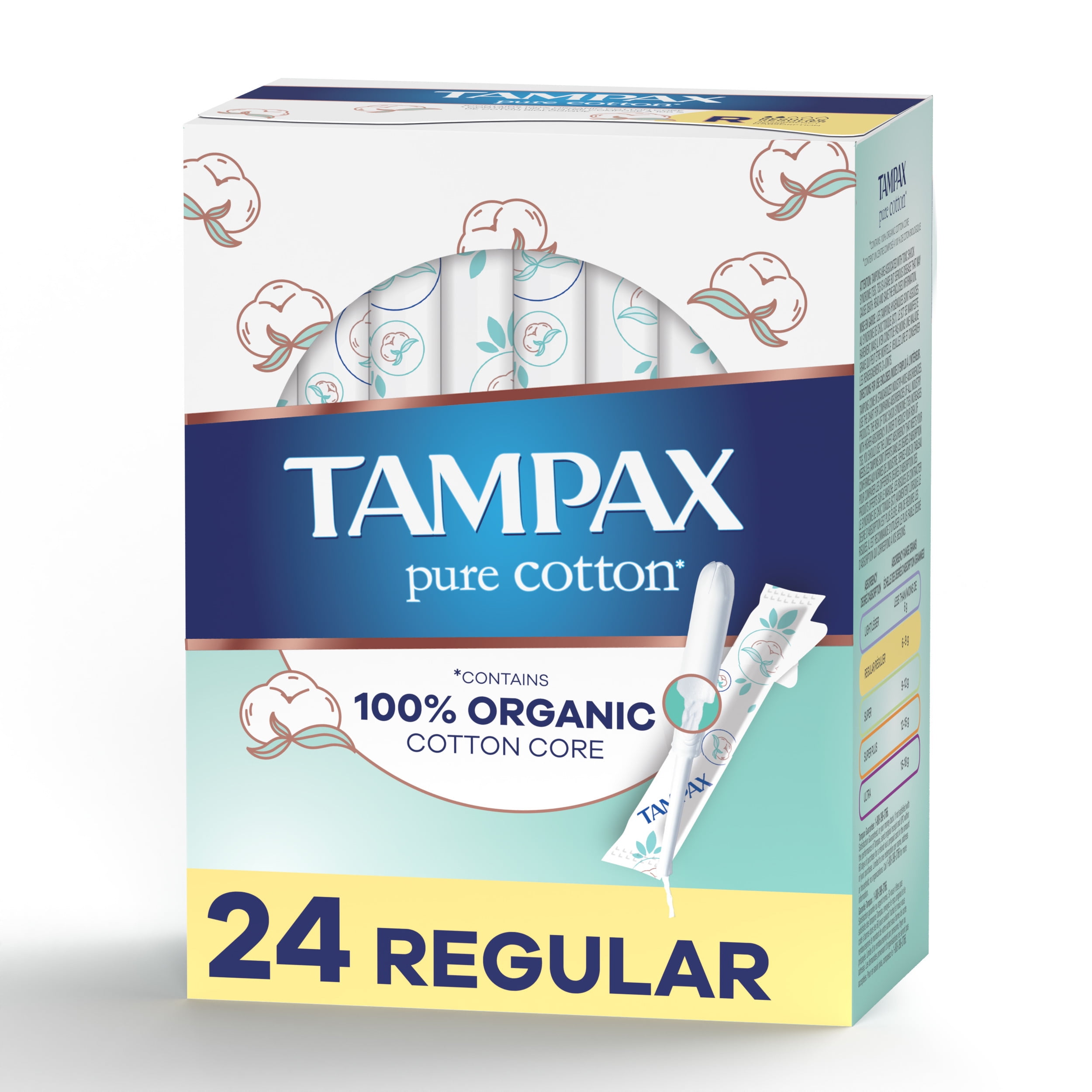 Tampax Pure Cotton Tampons, Contains 100% Organic Core, Regular Absorbency, 24 Ct, Unscented - Walmart.com