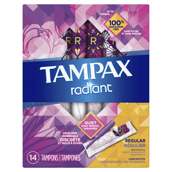Tampax Radiant Regular Absorbency Plastic Tampons, Unscented (Pack of 24)