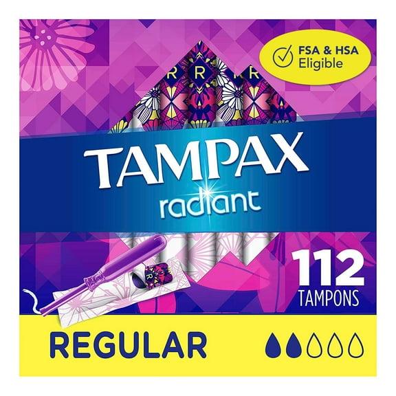 Tampax Radiant Regular Plastic Tampons, Unscented, 128 Count