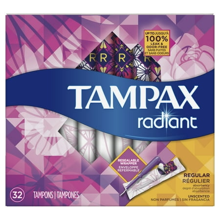 Tampax Radiant Regular Plastic Tampons, Unscented, 32 Count