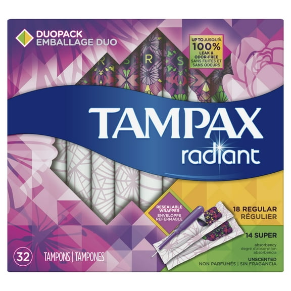 Tampax Radiant Regular and Super Absorbency Plastic Tampons, Unscented, 32 Ct