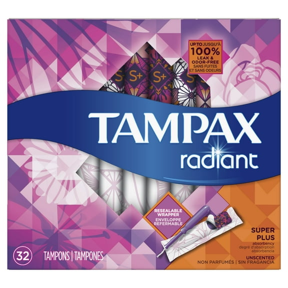 Tampax Radiant Super Plus Plastic Tampons, Unscented, 32 Count